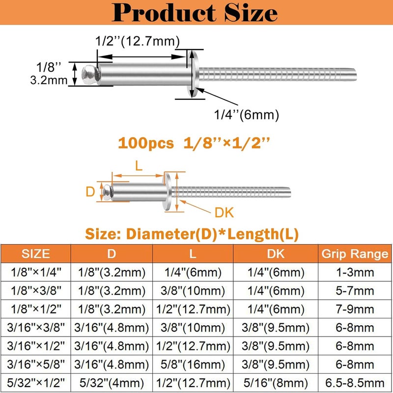 Sunxeke 100pcs 1/8 x 1/2 inch 304 Stainless Steel Pop Rivets, 3.2 x 12.7mm Blind Rivets for DIY/Automotive Repairs/Furniture - Image 2